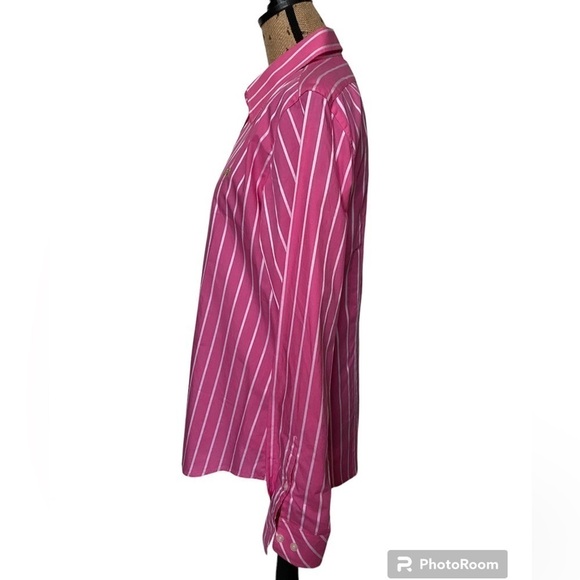 Lilly Pulitzer Women’s 14 Pink White Stripe Button Down Long Sleeve Cotton Shirt - Picture 9 of 10